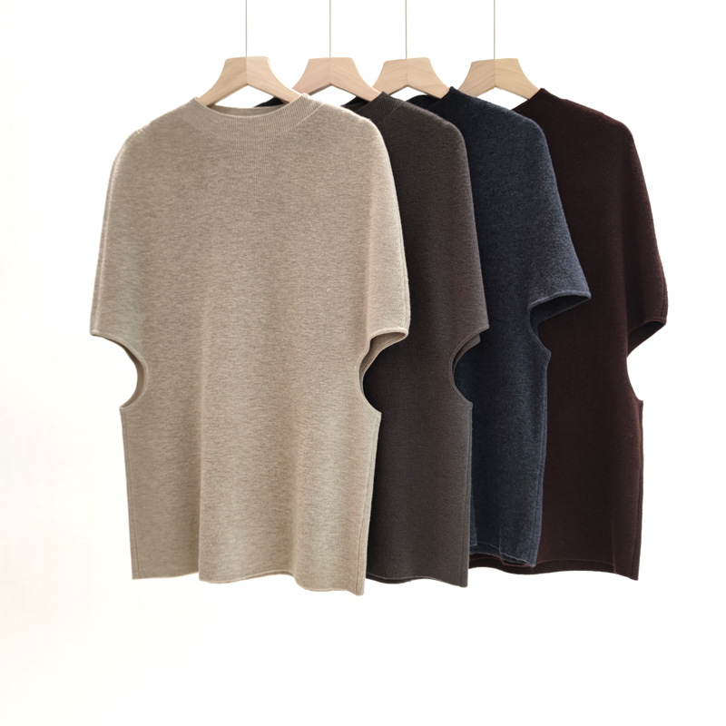 宽松慵懒松弛感针织短袖t恤女秋冬羊毛混纺圆领韩系毛衣短袖上衣