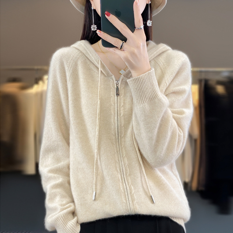 Wool Blend 2023 Autumn and Winter Women's Short Zipper Cardigan Loose Large Size Knitted Hooded Sweatshirt British Style