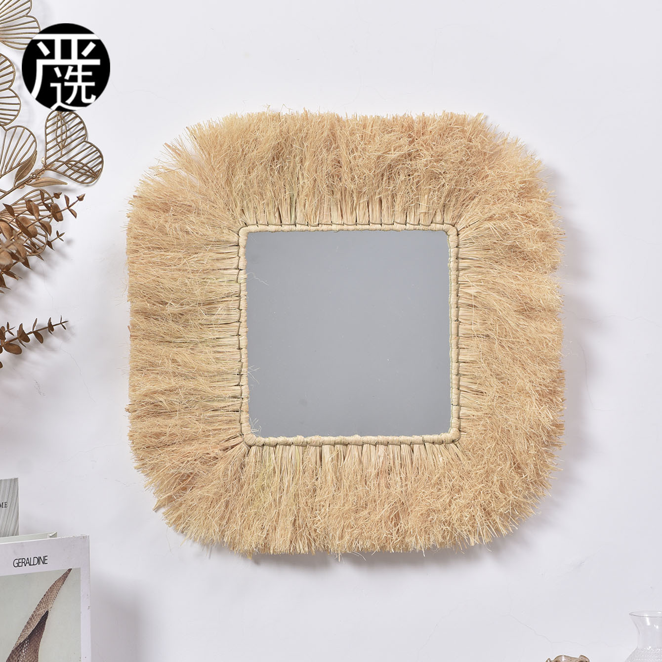 라피아 수제 짠 거울 목가적 인 장식 거울 홈스테이 호텔 거실 벽 교수형 거울 사진 소품의 엄격한 선택
