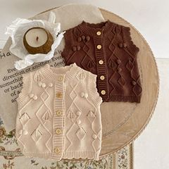 2023 Autumn Baby and Toddler 0-3 Years Old Girls' White Knitted Cardigan with Cotton Yarn and Crochet Ball Design Vests