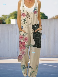 Women's Floral Print Cat Wide Leg Jumpsuit Sleeves Cross-Border