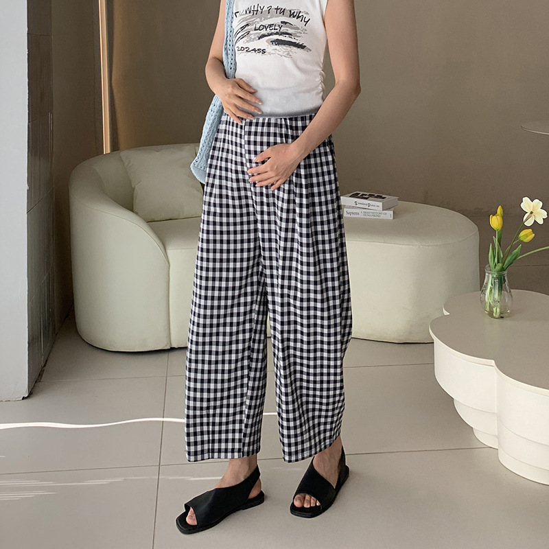 Summer Style Maternity Black and White Plaid Nine-Point Casual Pants for Pregnant Women with Drawstring Waist and Loose Wide-Leg Carrot Pants Nine-Point Pants