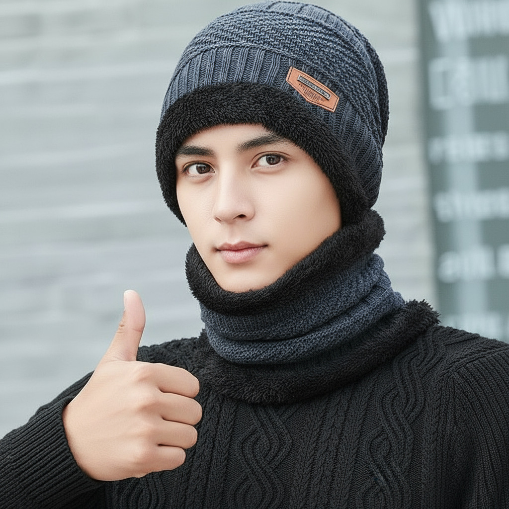 Conjunto de gorro y bufanda para hombre y mujer, gorro de lana tejido cálido para invierno, gorro de algodón estilo coreano con protección para las orejas, gorro de lana gruesa.