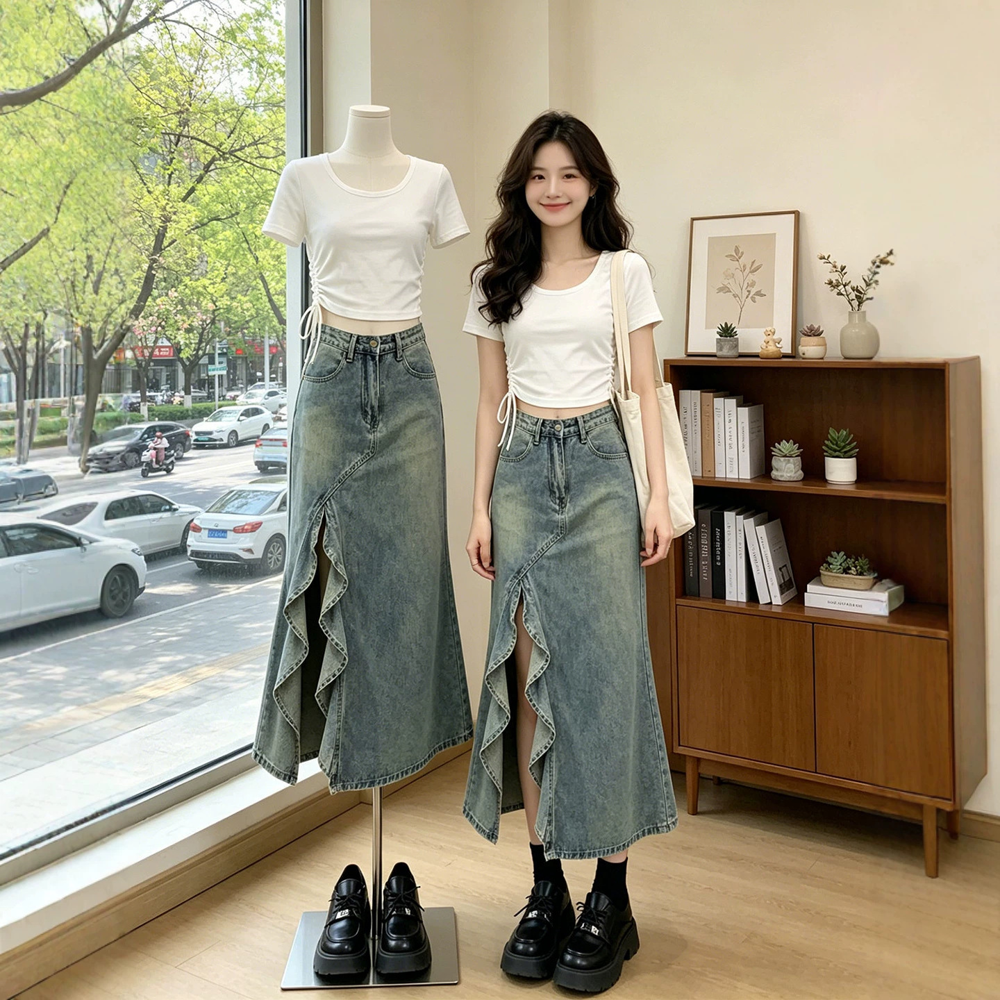Plus-size, irregular fishtail denim midi skirt for women, summer style, high-waisted, slimming A-line bodycon long skirt.