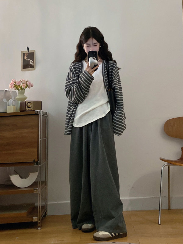 2025大码女装秋季慵懒风美式撞色条纹长袖内搭背心+休闲长裤套装|undefined