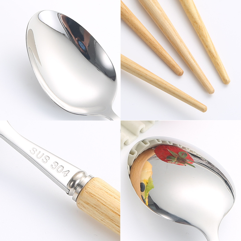 304 mango de madera de acero inoxidable cuchillo y tenedor portugués cuchara de postre cuchara de postre tenedor de cubierta de comida occidental cuchillo y tenedor de filete set cuchara