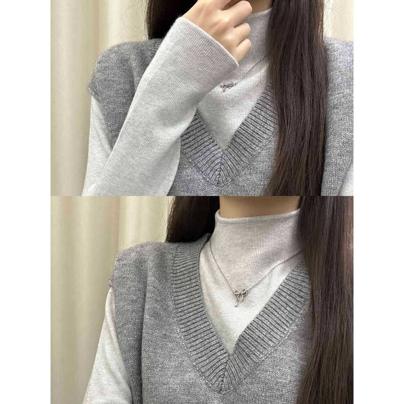 Fashionable and Relaxed Style Small Stand-Up Collar Knitted Sweater for Women, Layered with a Base Layer Shirt, Suitable for Spring, Autumn, and Winter, V-Neck Vest Two-Piece Set