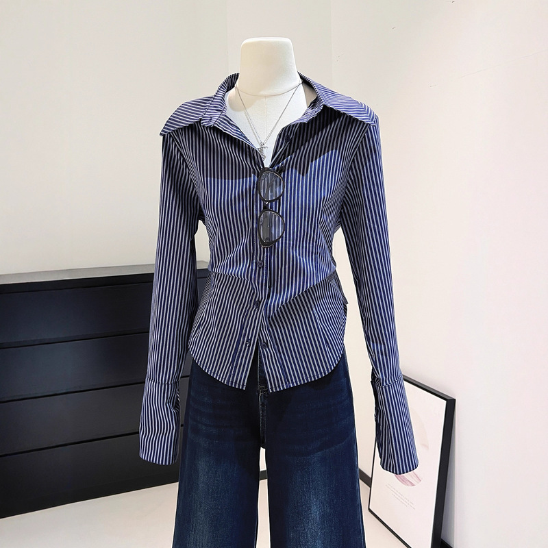 Blue Polo Collar Stripesd Long-Sleeved Shirt for Women 2025 New Autum French Petty Bourgeoisie Waist Shirt Cardigan Top