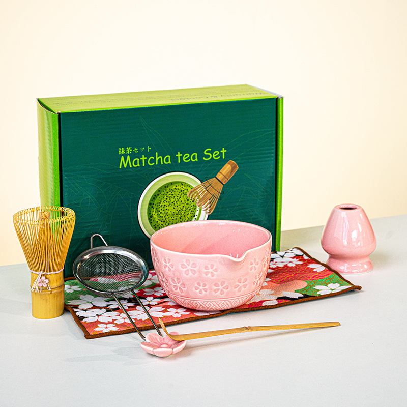 FJT 사쿠라 와이드 입 그릇 핑크 7종 세트(짙은 녹색 컬러 박스)