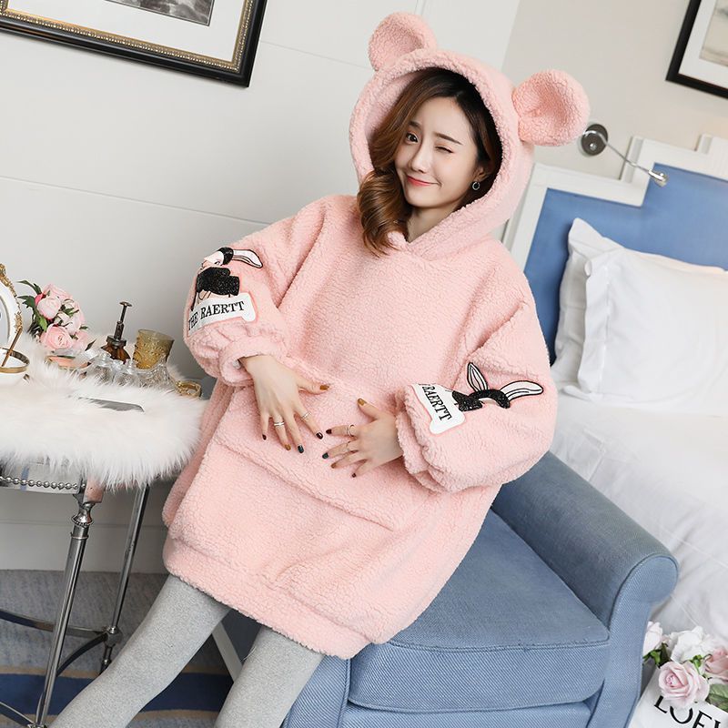 임산부 겨울 정장 유행 스타일 2025 가을과 겨울 스웨터 여성 플러스 벨벳 두꺼워진 느슨한 대형 사이즈 임신 투피스 정장