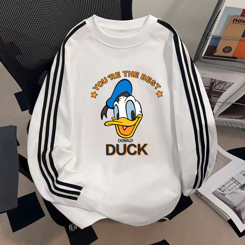 Autumn and Winter Clothing for Medium and Large Kidsren Cartoon Donald Duck Pure Cotton Long-Sleeved Tops for Boys and Girls Versatile Casual Three-Stripe Sweatshirts