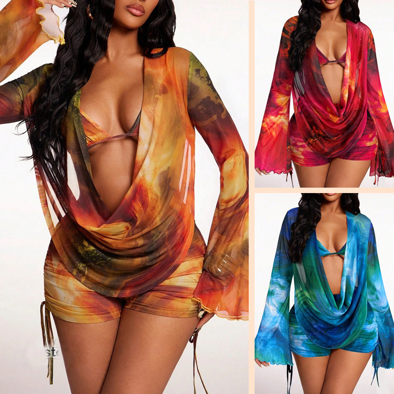 2026 New European and American Style Lace-Up Printed Swim Shorts for Women, Mesh See-Through Conservative Hot Spring Swimwear