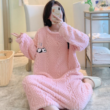 冬季珊瑚绒睡裙女加绒加厚睡衣女加肥加大码220斤中长款睡袍女款