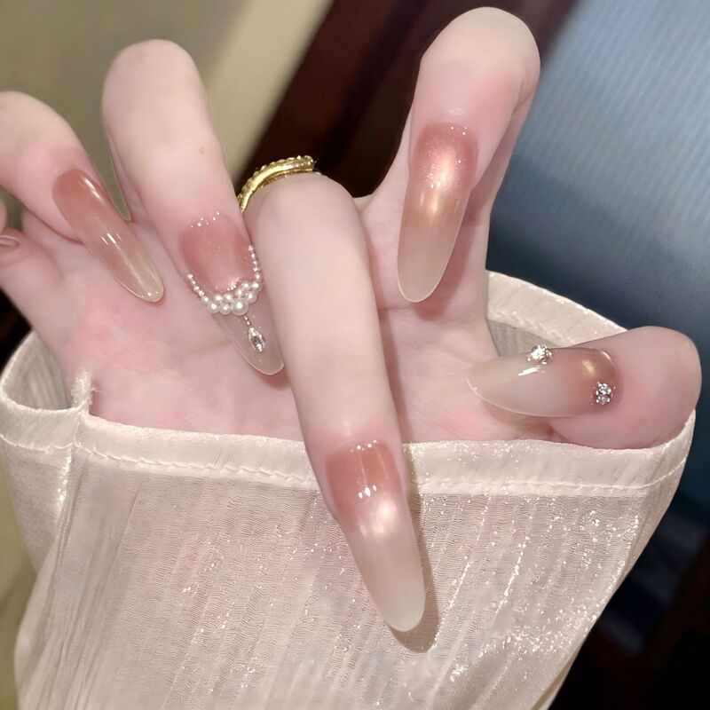 [Pearl Milk Tea] Purely Handmade High-End Cat-Eye Nail Art, Elegant and Versatile Fairy-Style Nail Design
