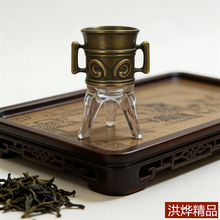 三星堆主题仿古青铜纹双耳杯创意玻璃铜艺结合三足杯白酒杯摆件