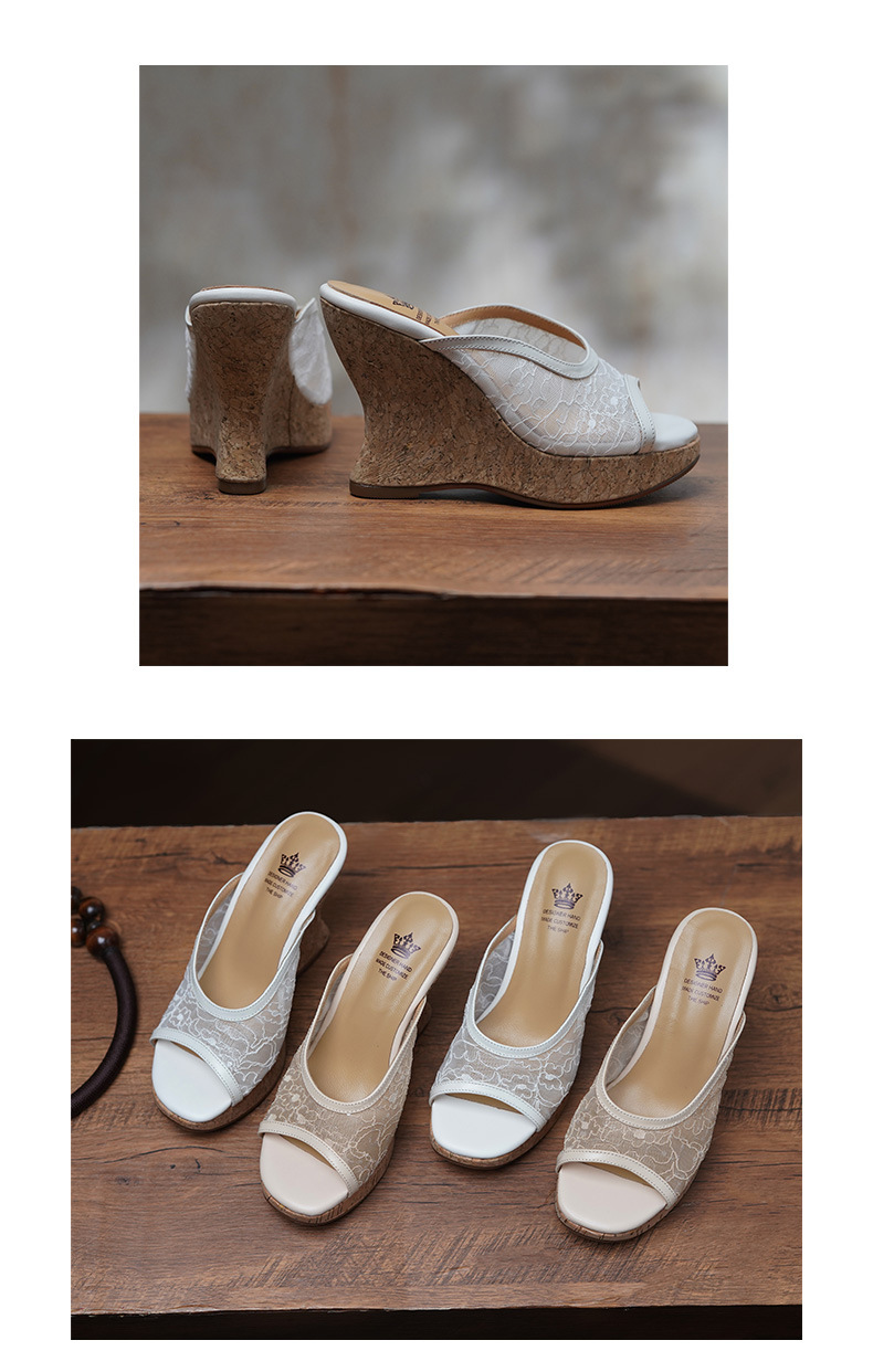 Sandal cao gót nữ mũi hở phối ren lưới trắng, đế xuồng platform thoải mái — màu trắng, màu mơ chi tiết 7
