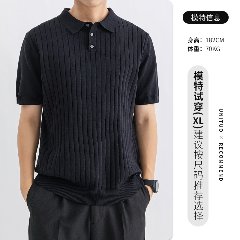 Polo de hielo de punto para hombres, verano, cuello de manga corta, camiseta de cuello antiarrugas de negocios casuales, camiseta de cuello transpirable para hombres