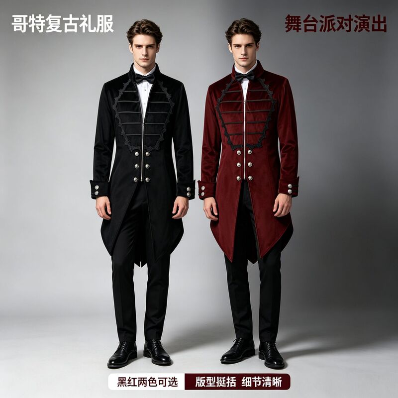 Cross-border Spring and Autumn Gothic Velvet Tailcoat with Stand Collar, Retro Steampunk Jacket, Halloween Party Costume