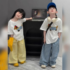 韓国風夏スーツ女の子ファッション半袖Tシャツズボン男の子兄妹衣装姉弟衣装ダックスフントチェック柄パンツ
