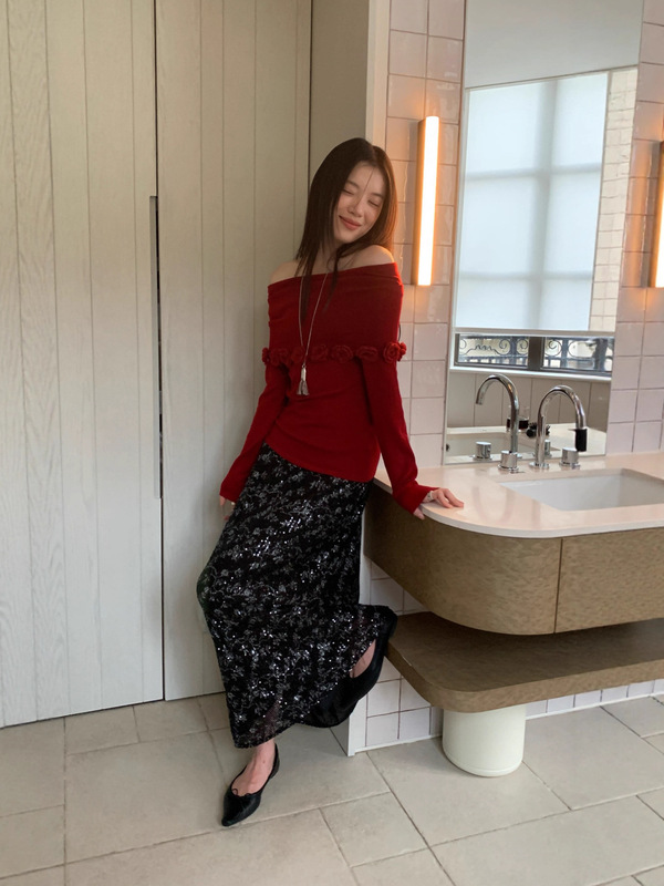 诠释美 NEWOPEN 25秋法式名媛赫本风绝美气质丝光亮片半身裙F6507|undefined