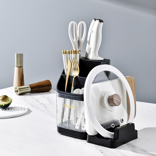 Kitchen multifunctional draining knife holder kitchen knife cutting board pot lid spoon chopsticks integrated desktop knife chopping board rack storage rack