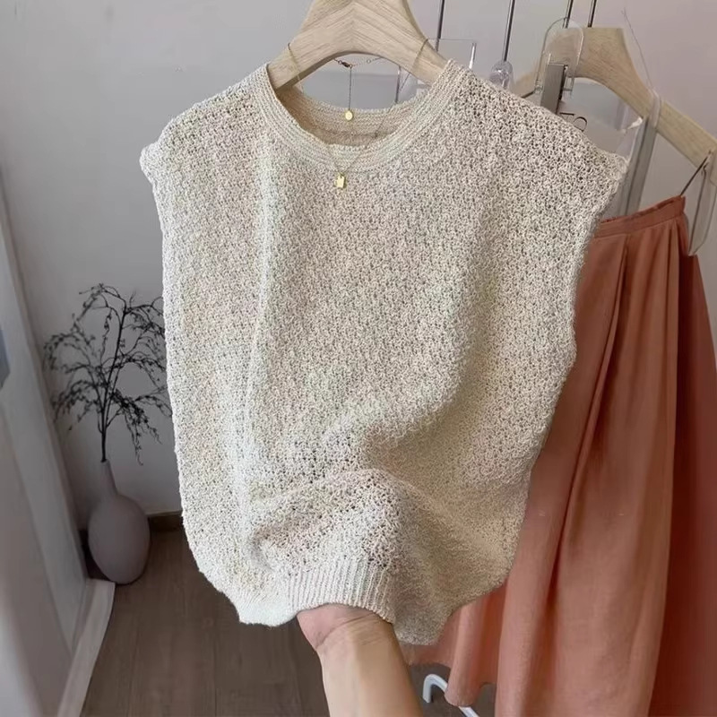 Chad Level Recommendation! Apricot-Colored Hollow-Out Knit Vest for Women, 2026 Summer Round-Neck Outerwear Top Chad Level Recommendation! Apricot-Colored Hollow-Out Knit Vest for Women, 2026 Summer Round-Neck Outerwear Top