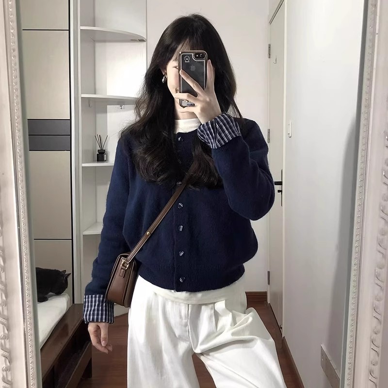 假两件藏蓝色针织开衫毛衣女春秋季新款韩系慵懒风松弛感短款上衣|undefined