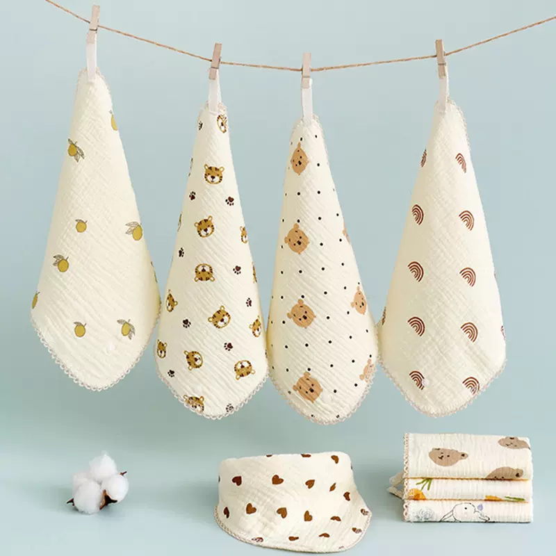 宝宝口水巾纯棉四层绉布围嘴婴儿三角巾新生防吐奶水花边围兜儿童