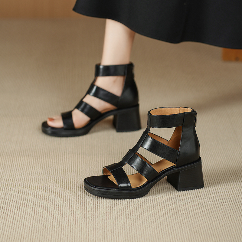 Giày sandal cao gót nữ hở ngón, gót dày 6 cm, phong cách La Mã, dây kéo sau — nâu