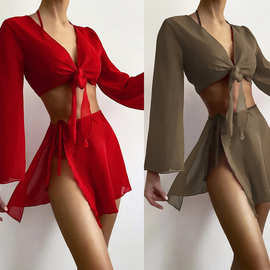 速卖通亚马逊欧美时尚纯色比基尼四件套泳衣女士分体罩衫性感泳装