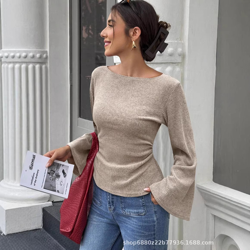 Amazon Cross-Border Foreign Trade Women's Wide-Neck, Drop-Shoulder, Flared-Sleeve, Waist-Pleated, Printed Knit Sweater, Autumn and Winter Style