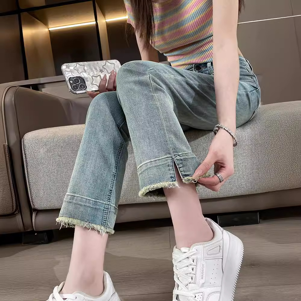 Split Rag Jeans Women's Autumn New Style Small Smoke Tube Pants Light Color Narrow Version Baguette Pants Women's Trendy Pants