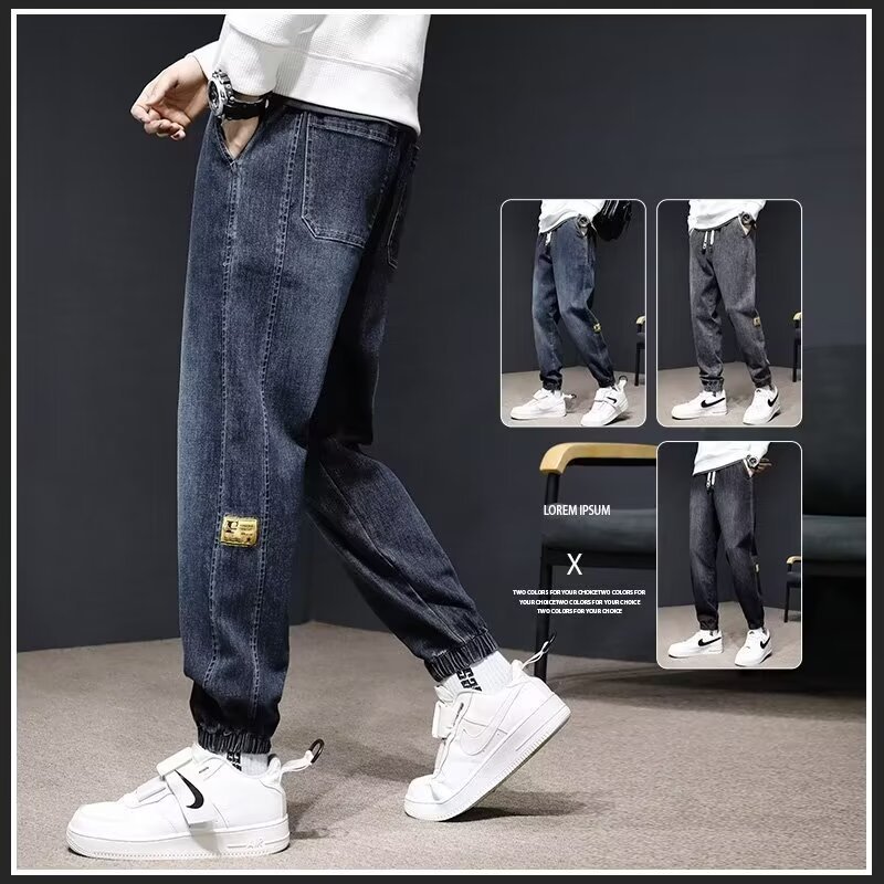 2024 primavera y otoño pantalones vaqueros de cintura elástica todo fósforo para hombres, pantalones de pierna ancha rectos sueltos para adolescentes de la calle principal