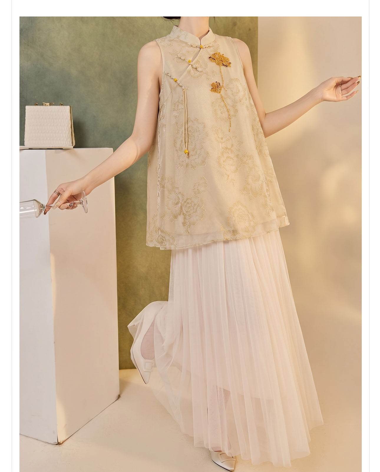 Đầm vest nữ retro chất jacquard cài snap — nghệ chi tiết 10