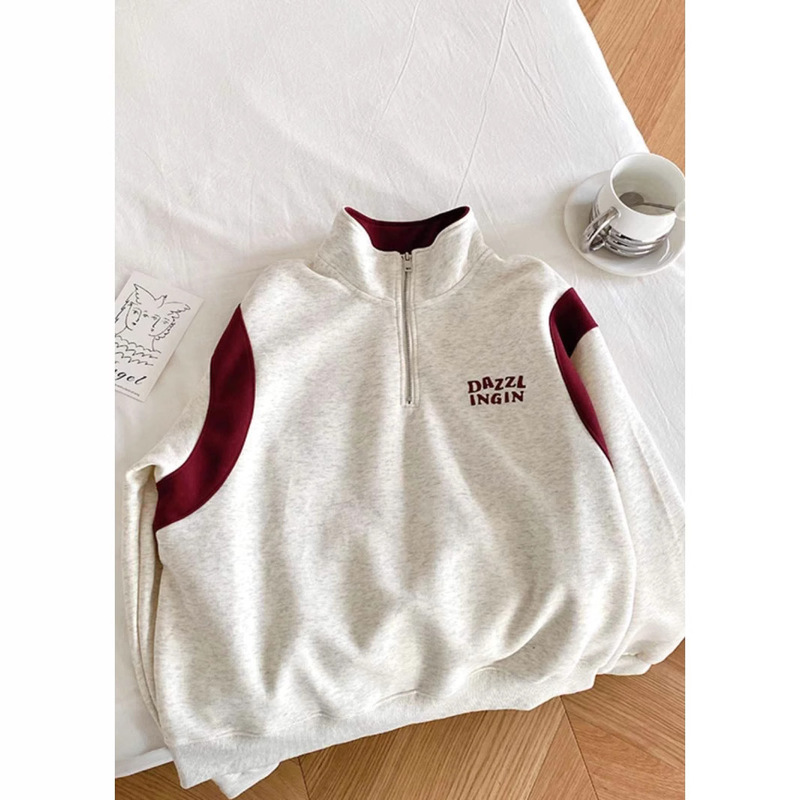 Trendy American-Style Color-Block Half-Zip Polo Collar Sweatshirt for Women, Autumn and Winter Loose Casual Design Pullover Long-Sleeve Top