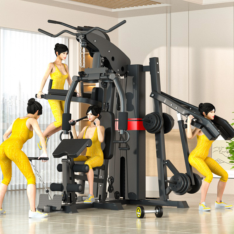 Equipo deportivo de acondicionamiento físico doméstico de tres personas estacionamiento integrado entrenador de alta posición pull-down una sola persona estacionamiento sentado empujar pecho y patas
