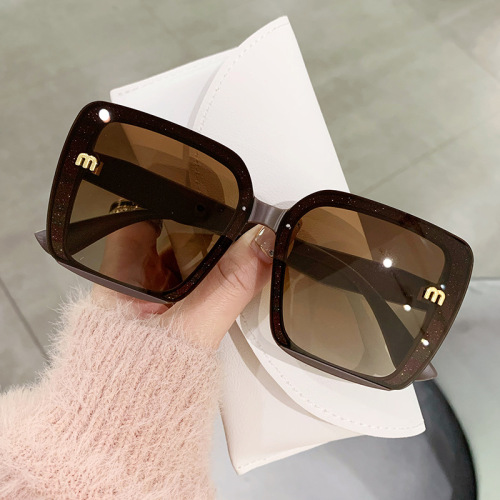 European and American new style square inlaid glitter pink gold frame anti-UV visor sunglasses for big face slimming sunglasses