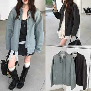 梵隼·XH韩系立领夹克上衣东大门秋季新款做旧水洗工装牛仔外套女