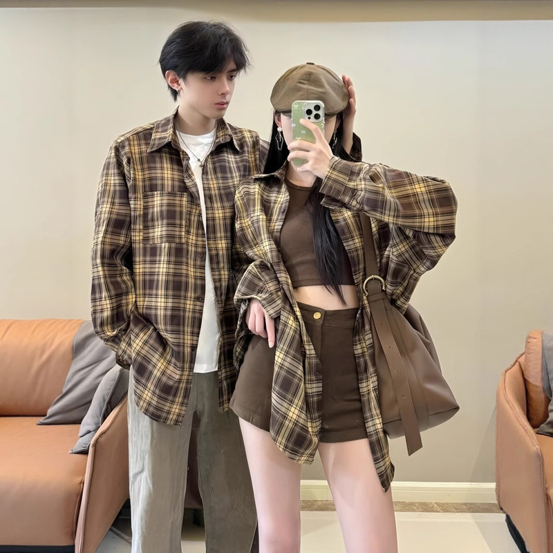 Retro Plaid Long-Sleeved Shirts for Men and Women in Spring and Autumn New Couple Wear Design Shirts Lazy Style Loose Jackets
