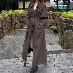 2025法式名媛秋季长款宽松茶棕色外套感气质西装领双排扣风衣女装