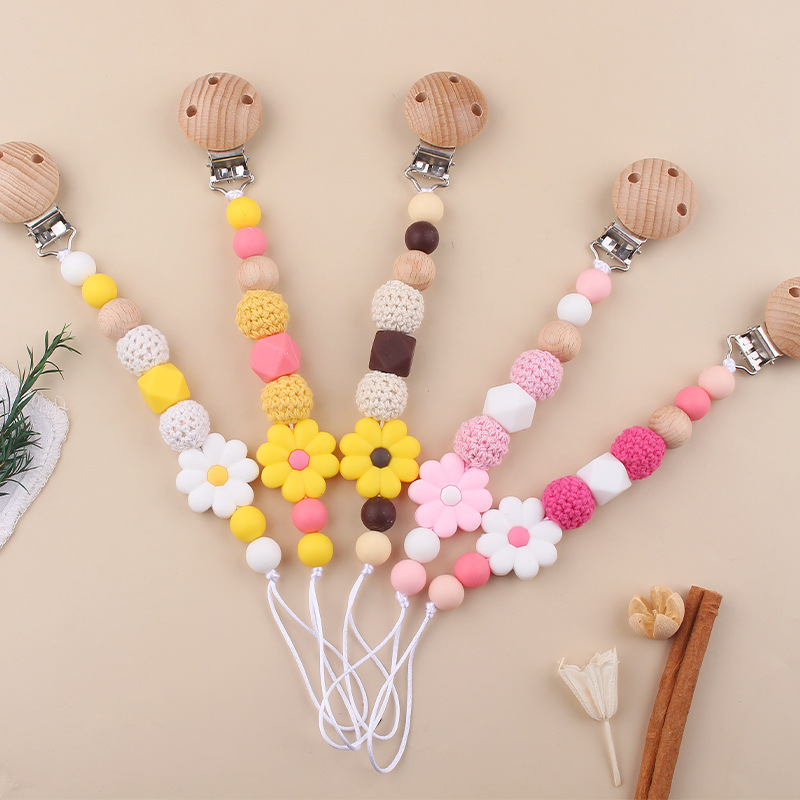 Nuevo clip de chupete de haya para bebés, creativo bebé de dibujos animados de silicona margaritas muerde los dientes, cadena de chupete anti-caída
