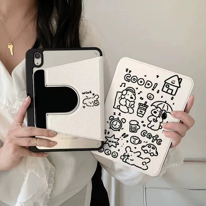 Black Line Puppy Rotating Tablet Protective Cover iPad Pro11 2024/10Th/10.2/10.9/9.7