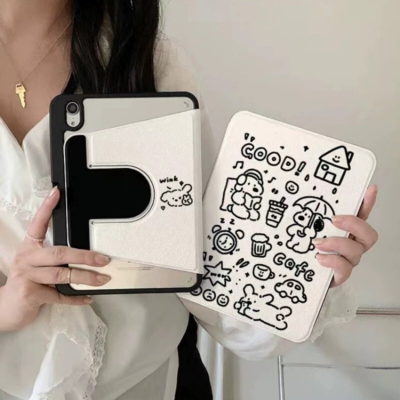 Black Line Puppy Rotating Tablet Protective Cover iPad Pro11 2024/10Th/10.2/10.9/9.7