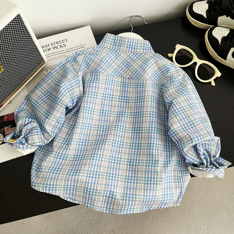 2025 nueva camisa de moda de verano para niños, camisa de dibujos animados a cuadros, ropa infantil de manga larga, nueva moda para niños
