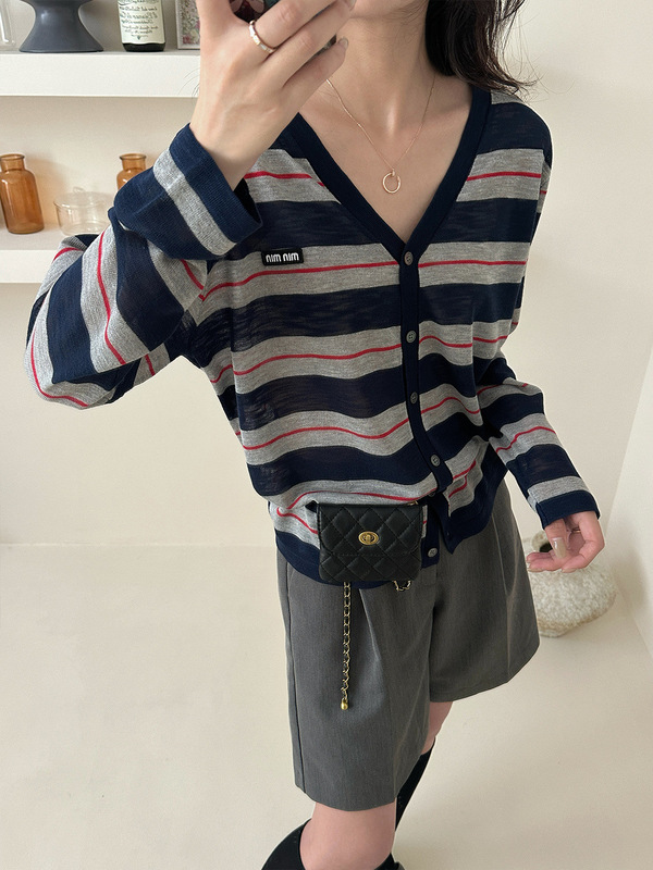 秋装2025新款韩系穿搭高级感条纹针织开衫女宽松显瘦薄款外套上衣|undefined