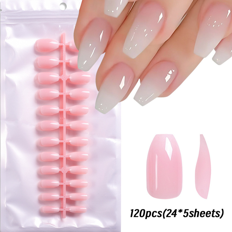 Cross-Border 120 Pieces of Pink Gradient White Coffin-Shaped Nail Pieces, Pink Gradient White Nail Pieces, Wearable Nail Pieces Wholesale