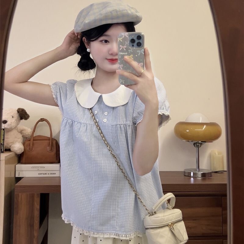 Korean Style Sweet Fresh Doll Collar Lace Plaid Shirt Women's Spring and Summer All-match Design Sense Shirt Short-sleeved Top Korean Style Sweet Fresh Doll Collar Lace Plaid Shirt Women's Spring and Summer All-match Design Sense Shirt Short-sleeved Top