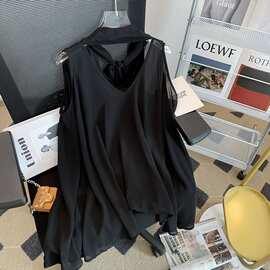 2026夏季新款V领黑色系带挂脖套头A字宽松女上衣微透无袖雪纺衫