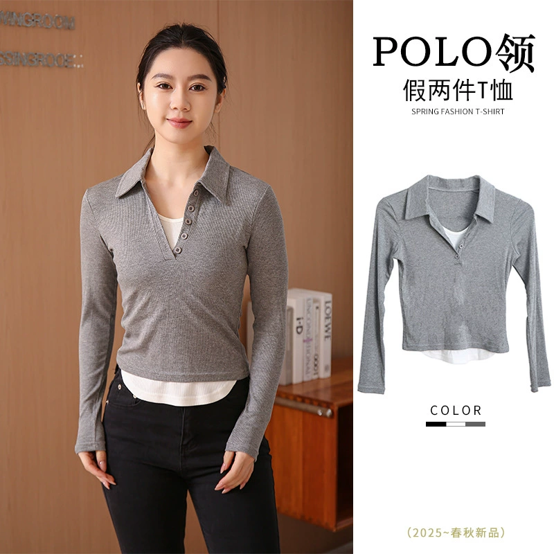 Облегающая базовая рубашка с длинными рукавами и воротником-поло из искусственного меха на пуговицах для женщин серого цвета.