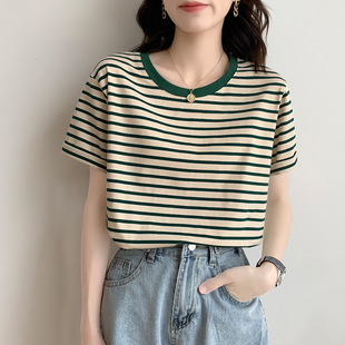 Vintage Striped Short-Sleeve T-Shirt for Women, Summer 2024 New Color-Blocking Versatile Round Neck Top, Trendy and Versatile
